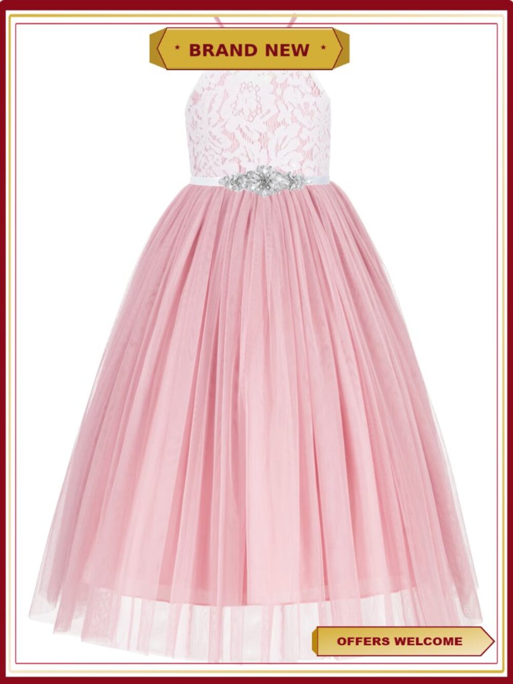 Lace Back Halter Flower Girl Dress Mini Bridal Gown Tulle Satin